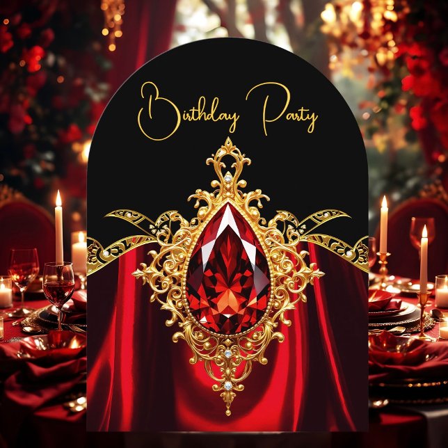 Convite Elegante Na moda Birthday Regal Red Dourada Jewel (Criador carregado)