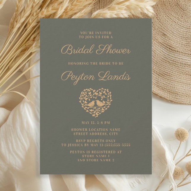 Convite Elegante Na moda Rust Moss Green Autumn Bridal Inv (Elegant olive/sage green and terracotta gold Love Birds bridal shower invitation)