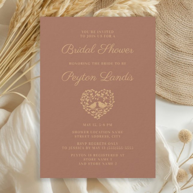 Convite Elegante Na moda Terracotta Rust Pássaros de Amor (Terracotta/burnt orange Love Birds bridal shower invitation)