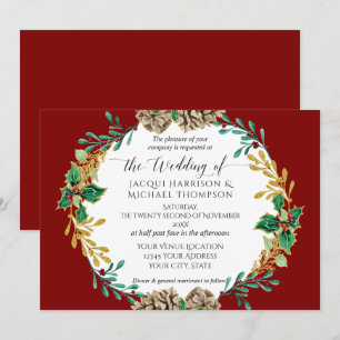 Convite Elegante Natal Aquarela Dourada Holly Wreath