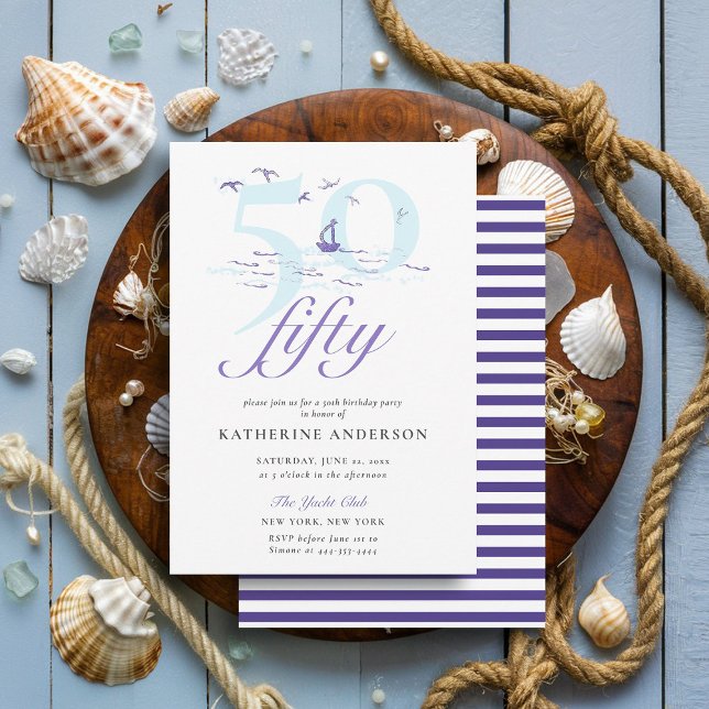 Convite Elegante Náutico Stripes Boat Ocean 50º Aniversári (nautical boat ocean birds 50th birthday invitation elegant modern classy simple)