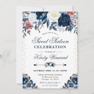 Convite Elegante Navy e Azul Claro Floral Sweet Sixteen