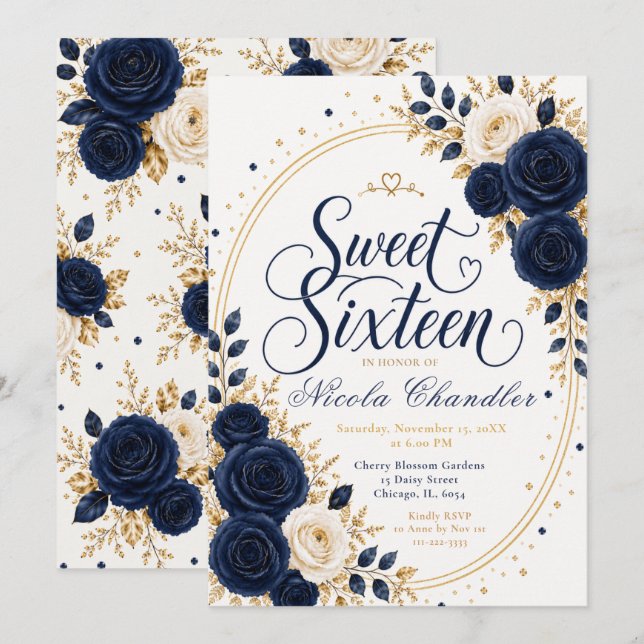 Convite Elegante Navy Sweet 16 (Frente/Verso)