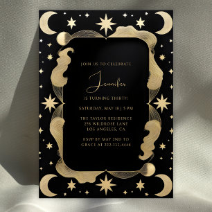 Convite Elegante negro celestial e estrelas Douradas anive