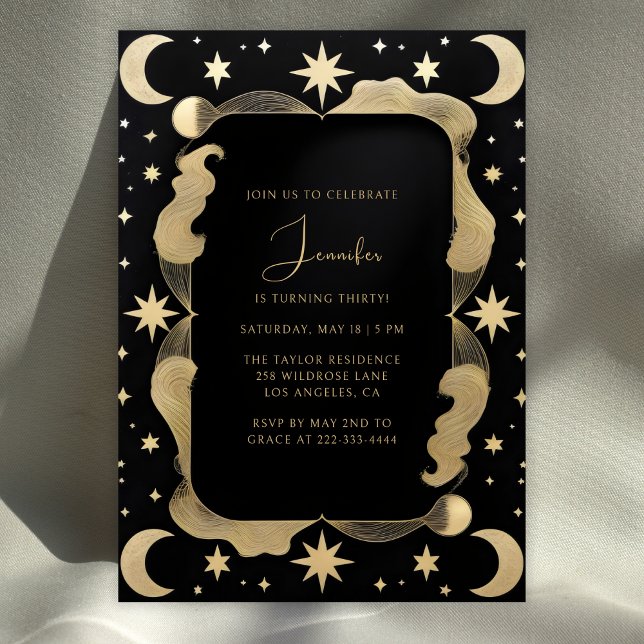 Convite Elegante negro celestial e estrelas Douradas anive (Elegant Celestial 30th Birthday Invitation Black & Gold Stars and Moon Party Invite)