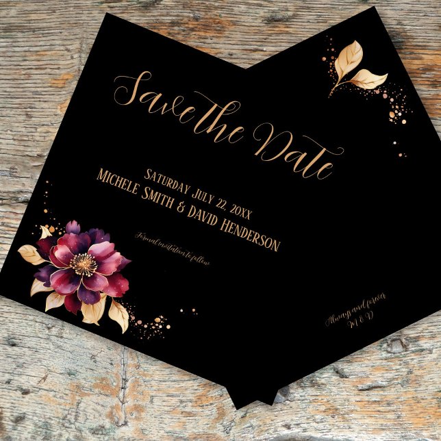 Convite Elegante negro de burgundy dourada do lado Salve a (Elegant black gold burgundy front/back Save the Date Invitation - double sided)