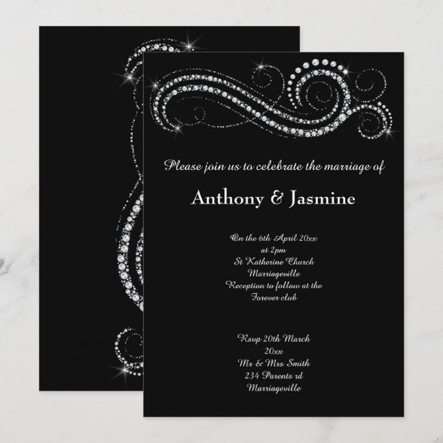 CONVITE ELEGANTE NEGRO DIAMOND SWIRL WEDDING (Frente/Verso)
