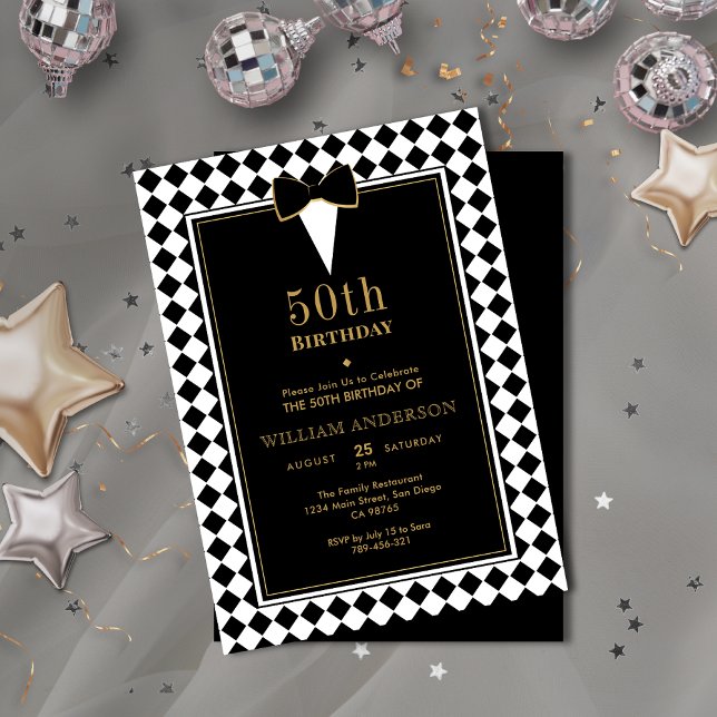 Convite Elegante negro e Dourada idade do marco Tuxedo Ani (Elegant Black & Gold Milestone Age Tuxedo Birthday Invitation)