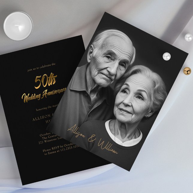 Convite Elegante Negro e Dourado: 50º Aniversário de Casam (Elegant Black and Gold 50th Wedding Anniversary Invitation)