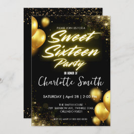 Convite Elegante neon Dourado Balloo retro Doce 16.º Anive