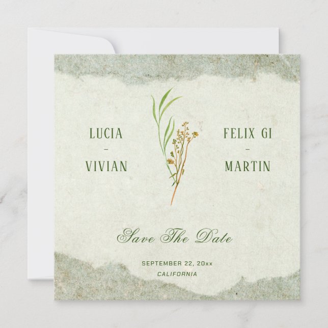 Convite Elegante Neutral Vintage Green Rustic Salvar Data (Frente)