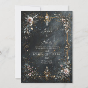 Convite Elegante Noite de Casamento Floral Azul Naval Dour