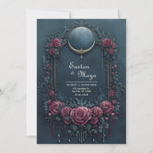 Convite Elegante Noite de Casamento Floral Burgundy Azul-M