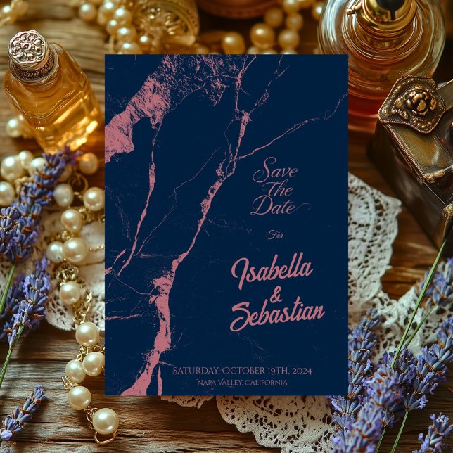 Convite Elegante Noiva Azul-Marinho e Mármore Rosa Save th (Criador carregado)