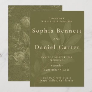 Convite Elegante Noiva Botânica de Tulipa Verde Oliva