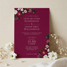 Convite Elegante Noiva Burgundy Floral Aquarela Casamento