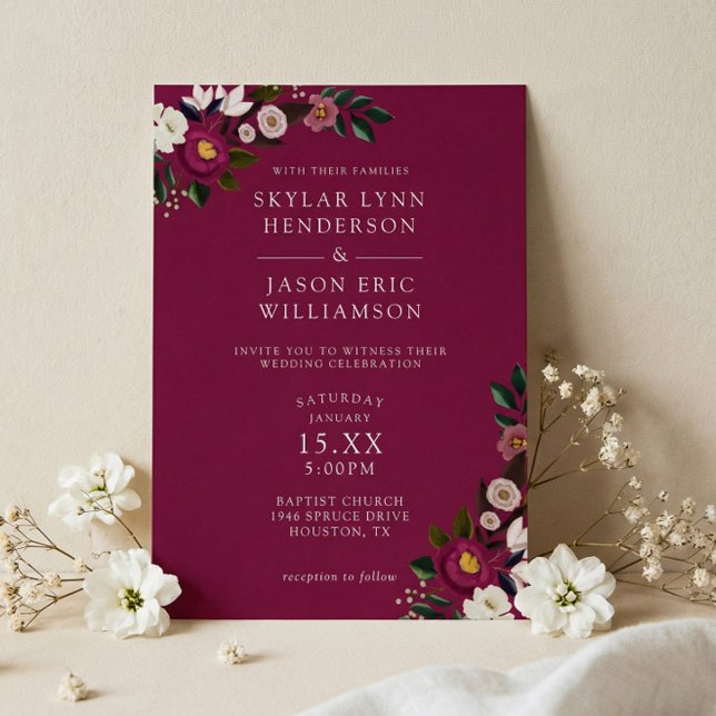 Convite Elegante Noiva Burgundy Floral Aquarela Casamento (Elegant Moody Burgundy Watercolor Floral Wedding Invitation)