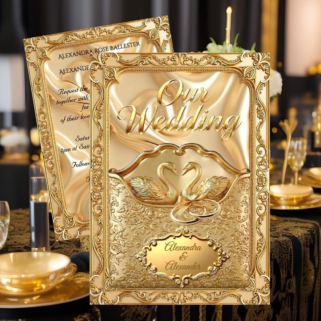 Convite Elegante Noiva Cisnes Dourados Anéis Ouro Diamante (Criador carregado)