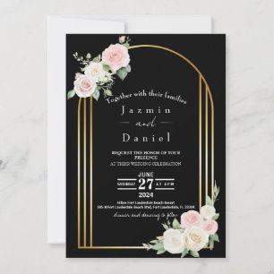 Convite Elegante Noiva com Arco Preto Dourado e Rosa Creme