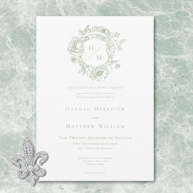 Convite Elegante Noiva com Crista e Pássaro em Chinoiserie (Elegant Green Chinoiserie Bird & Crest Wedding Invitation)