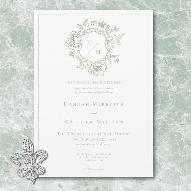 Convite Elegante Noiva com Crista e Pássaro em Chinoiserie (Elegant Green Chinoiserie Bird & Crest Wedding Invitation)