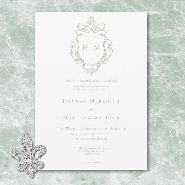 Convite Elegante Noiva com Crista e Pássaro em Chinoiserie (Elegant Green Chinoiserie Bird & Crest Wedding Invitation)