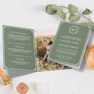 Convite Elegante Noiva com Monograma Verde e Branco Sage