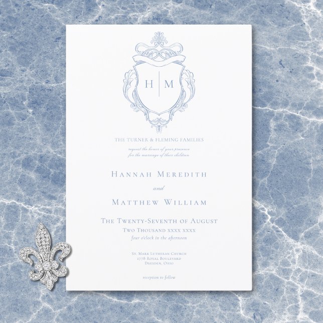 Convite Elegante Noiva com Pássaro e Brasão em Azul Chines (Elegant Blue Chinoiserie Bird & Crest Wedding Invitation)
