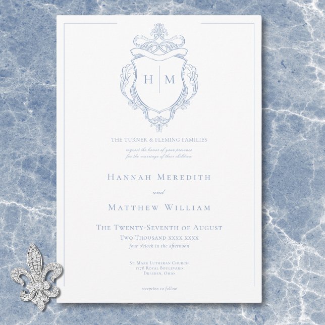 Convite Elegante Noiva com Pássaro e Brasão em Azul Chines (Elegant Blue Chinoiserie Bird & Crest Wedding Invitation)