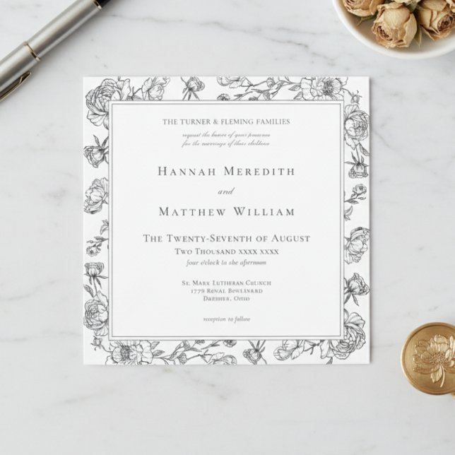 Convite Elegante Noiva com Pássaro e Brasão em Chinoiserie (Elegant Black Chinoiserie Bird & Crest Wedding Invitation)