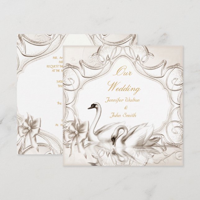 Convite Elegante Noiva Creme Cisnes Branco Arco (Frente/Verso)