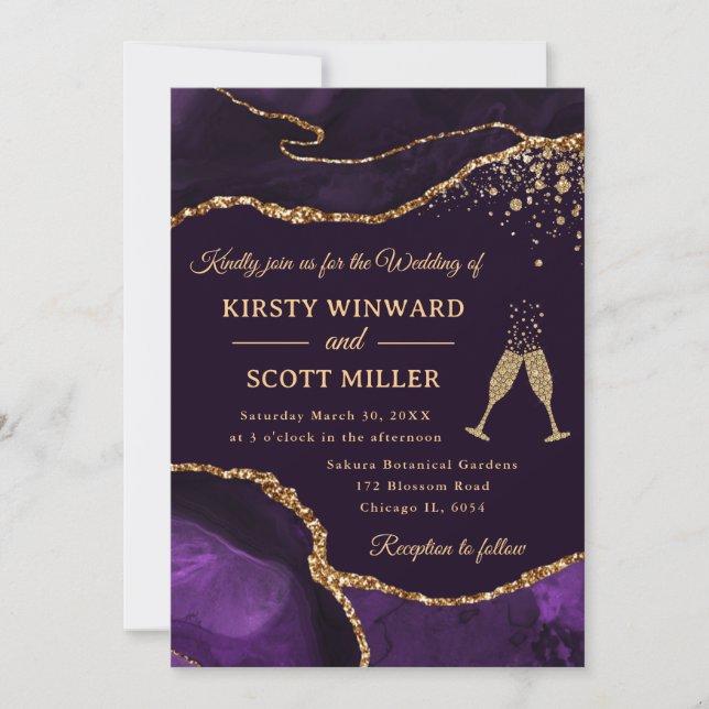 Convite Elegante Noiva de Ágata com Brilho Roxo e Dourado (Frente)