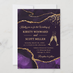 Convite Elegante Noiva de Ágata com Brilho Roxo e Dourado