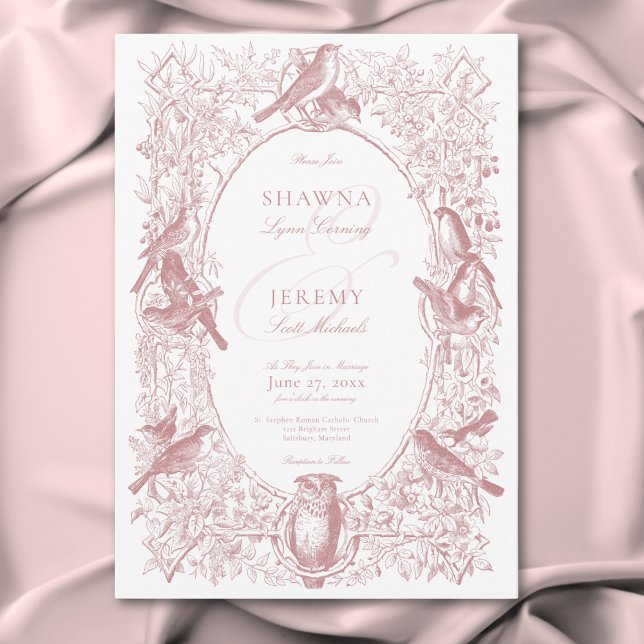 Convite Elegante Noiva de Pássaros e Natureza em Chinoiser (Elegant Pink Chinoiserie Nature & Birds Wedding Invitation)