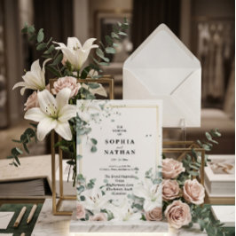 Convite Elegante Noiva Floral de Lírio Branco & Eucalipto