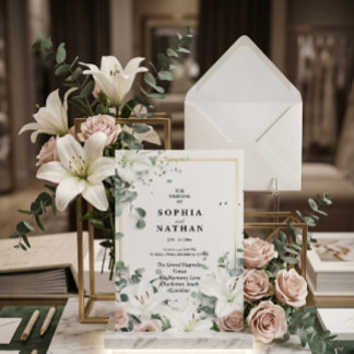 Convite Elegante Noiva Floral de Lírio Branco & Eucalipto
