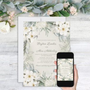 Convite Elegante Noiva Floral Folhas Verde Sage Casamento