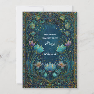 Convite Elegante Noiva Floral Lotus Ciano Art Nouveau