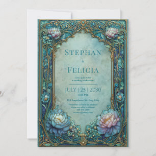 Convite Elegante Noiva Floral Teal Art Nouveau Arqueada