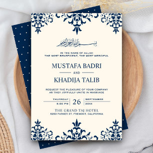 Convite Elegante Noiva Islâmica em Creme e Azul Marinho em
