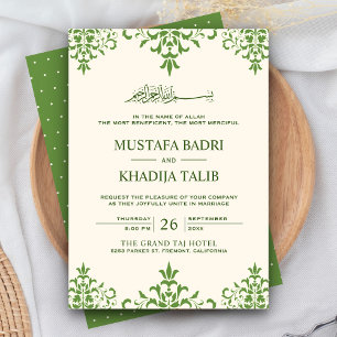Convite Elegante Noiva Islâmica em Creme e Verde Damasco