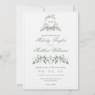 Convite Elegante Noiva Verde Francês Floral Brasão Casamen