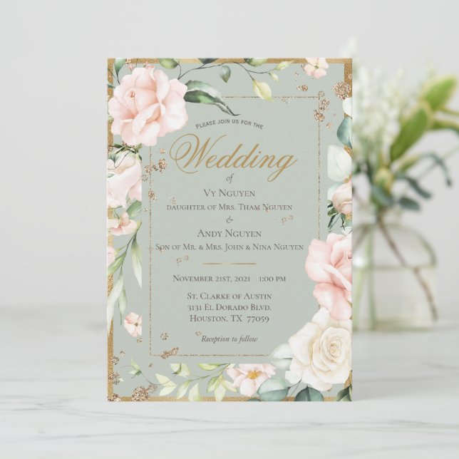 Convite Elegante Noiva Verde Rosa Aquarela Floral Casament (Em pé/Frente)