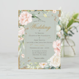 Convite Elegante Noiva Verde Rosa Aquarela Floral Casament