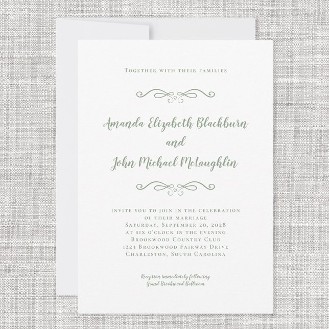 Convite Elegante Noiva Verde-Salvia Formal (Classic Elegant Sage Green Timeless Formal Wedding Invitation)