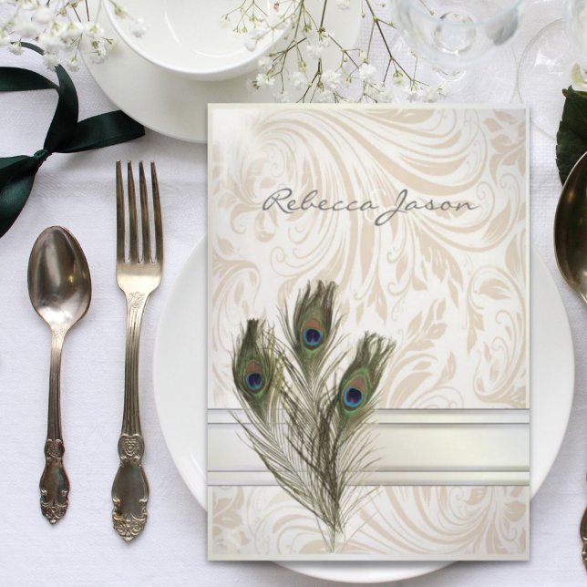 Convite elegante noiva vintage creme damasco pavão casamen (elegant vintage cream damask peacock wedding invitation)