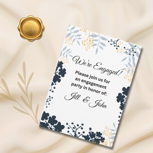 Convite Elegante Noivado Azul Botânico Casamento (Criador carregado)