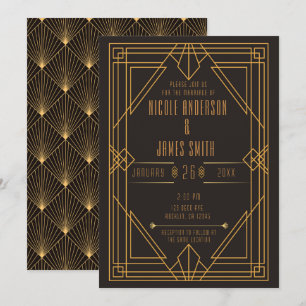 Convite Elegante Noivado Casamento Art Déco Dourado Preto