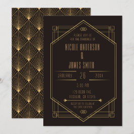 Convite Elegante Noivado Casamento Art Déco Dourado Preto