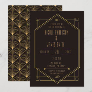 Convite Elegante Noivado Casamento Art Déco Dourado Preto